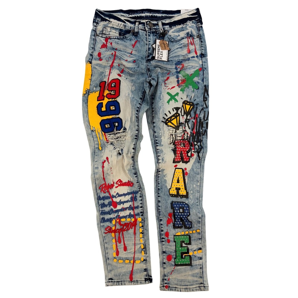 Graffiti Paint Splatter Skinny‎ Jeans 30x32 Light Wash Streetwear Distressed